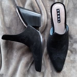 Rebel "Ava" Black Embroidered Rhythm & Blues Suede Mule, Sz 7.5